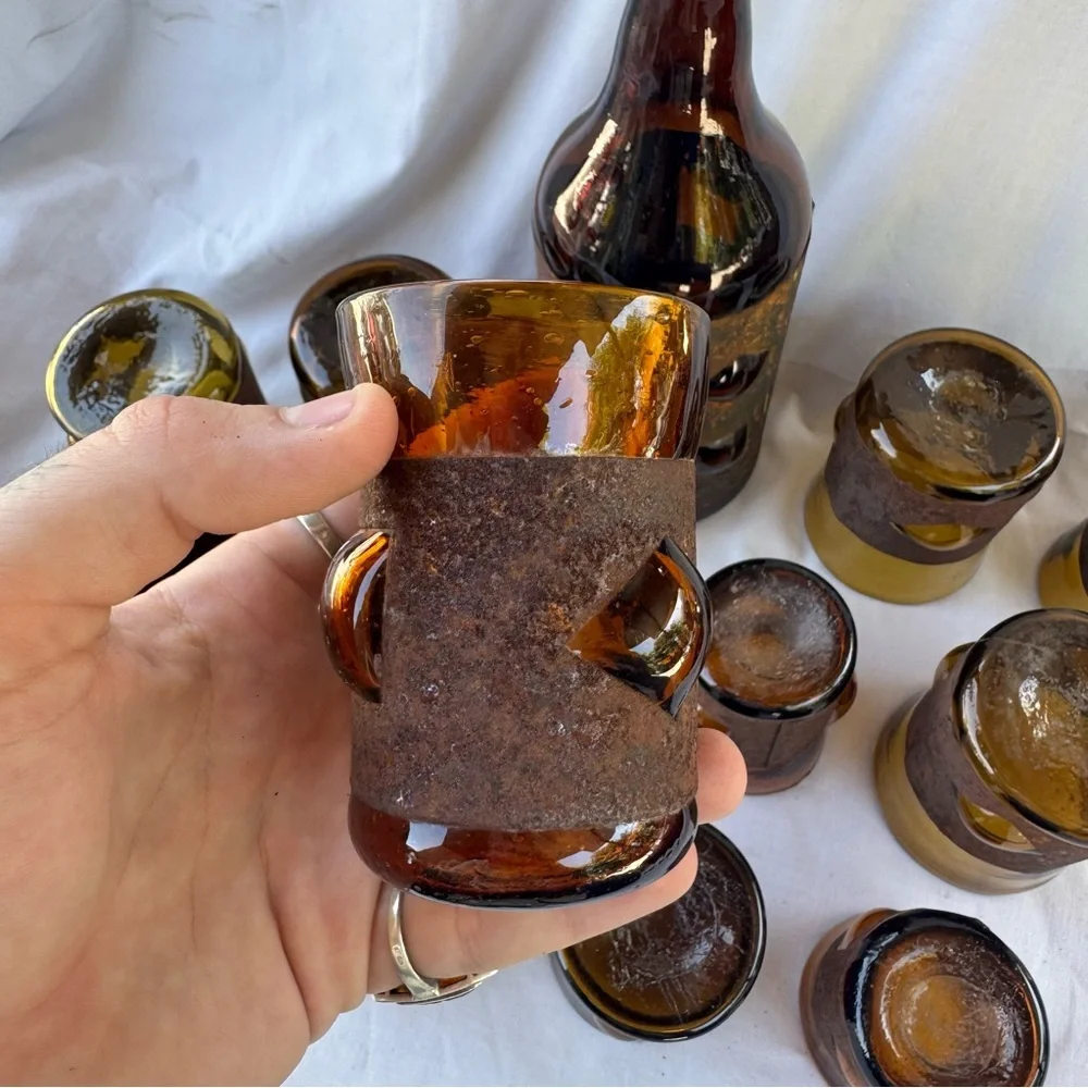 VINTAGE BRUTALIST FELIPE DERFLINGHER IMPRISONED GLASS DECANTER & GLASSES 12PCSET